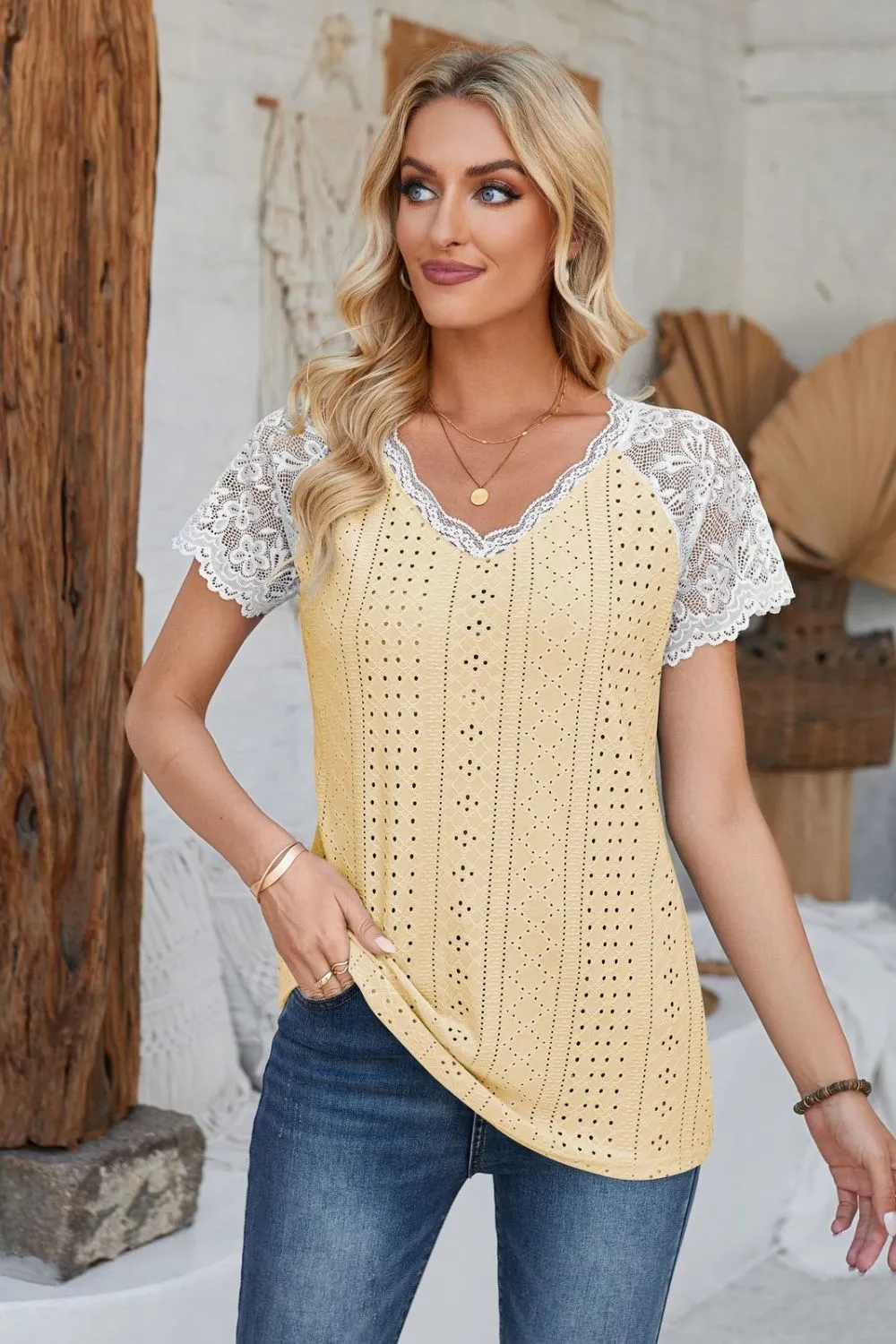 Eyelet V-Neck Lace Short Sleeve T-Shirt, image 15