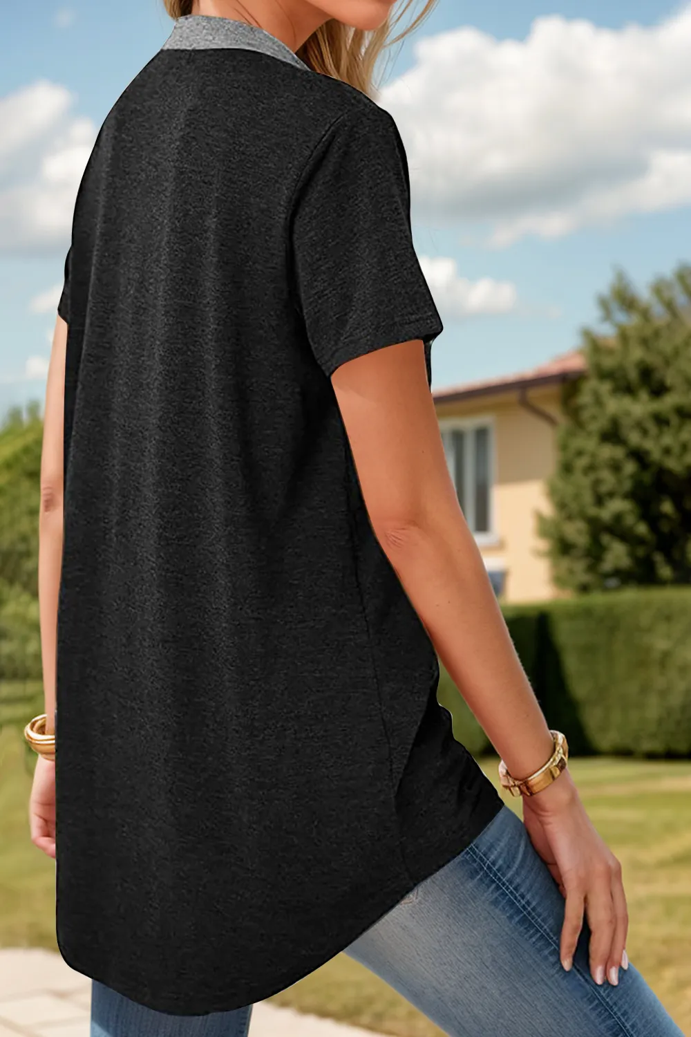 Full Size Half Button Short Sleeve T-Shirt, image 3