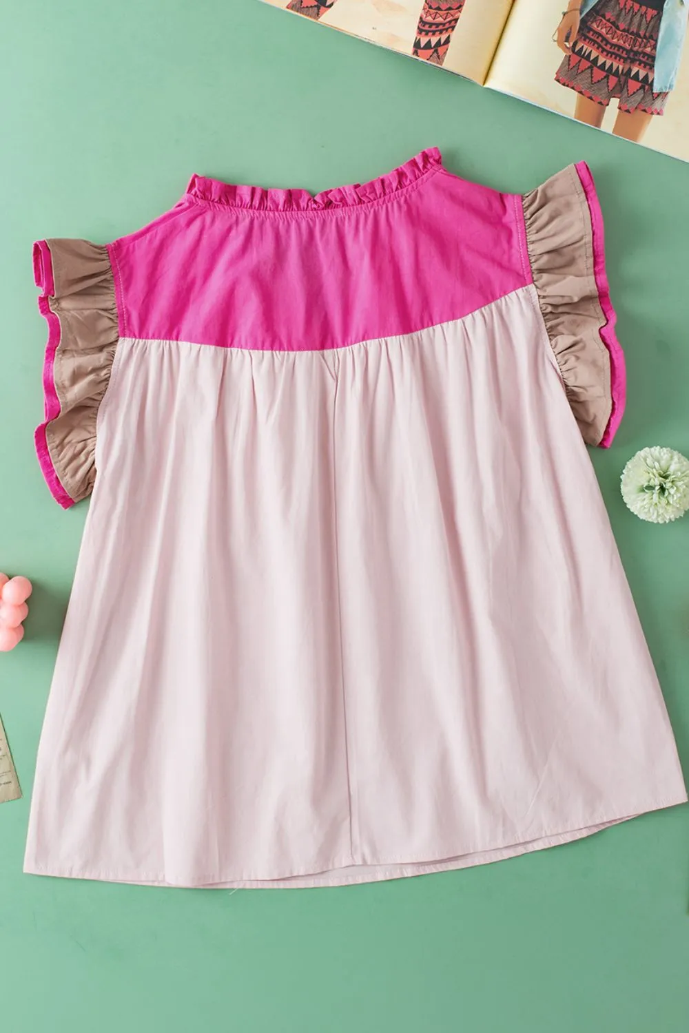Color Block Notched Ruffled Cap Sleeve Blouse, image 7