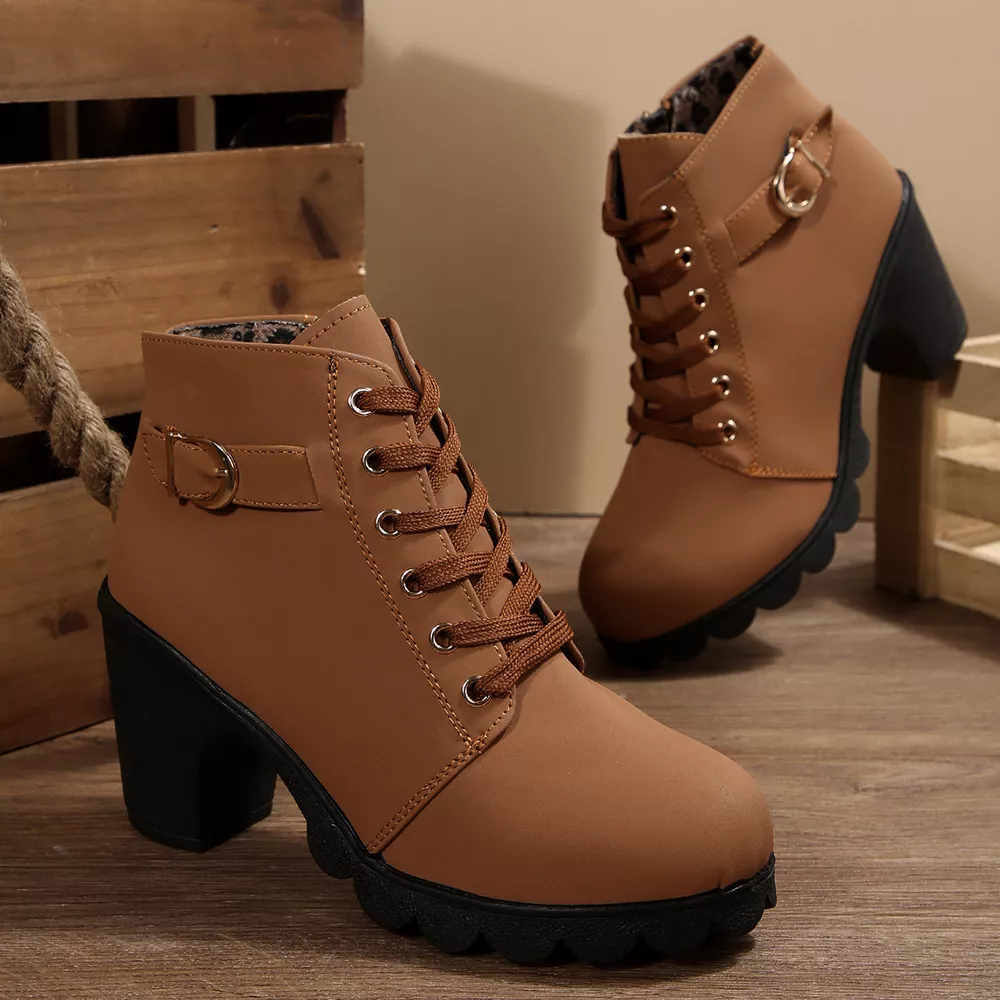 Lace-Up Buckle Chunky Heel Ankle Boots, image 4