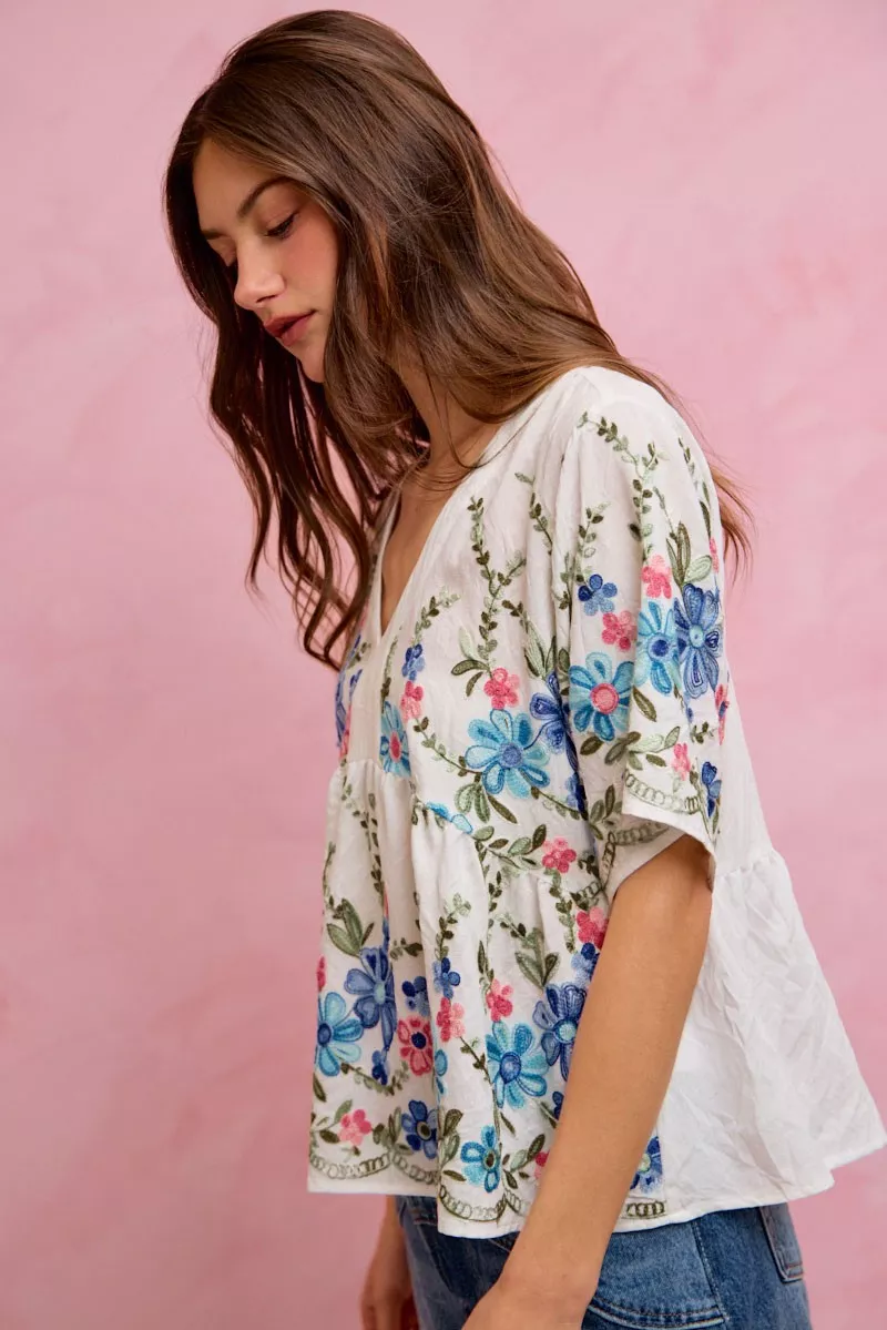 Floral Embroidered Baby Doll Blouse Top, image 2
