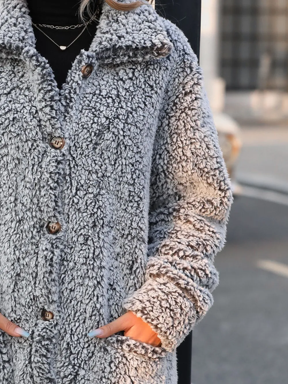 Pocketed Collared Neck Long Sleeve Plush Jacket, image 6