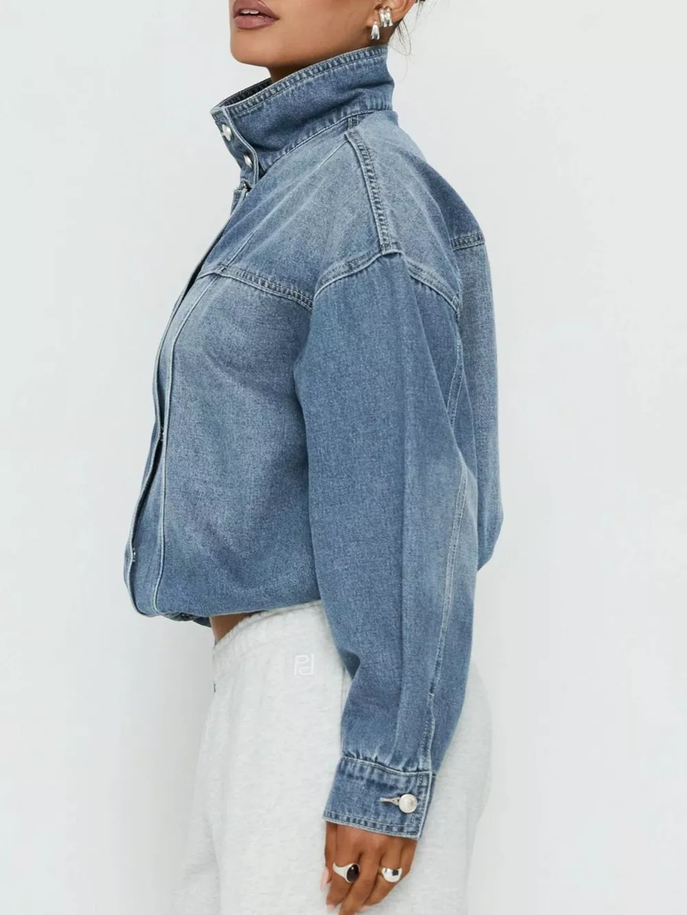 Washed Stand-Up Collar Denim Jacket, image 3