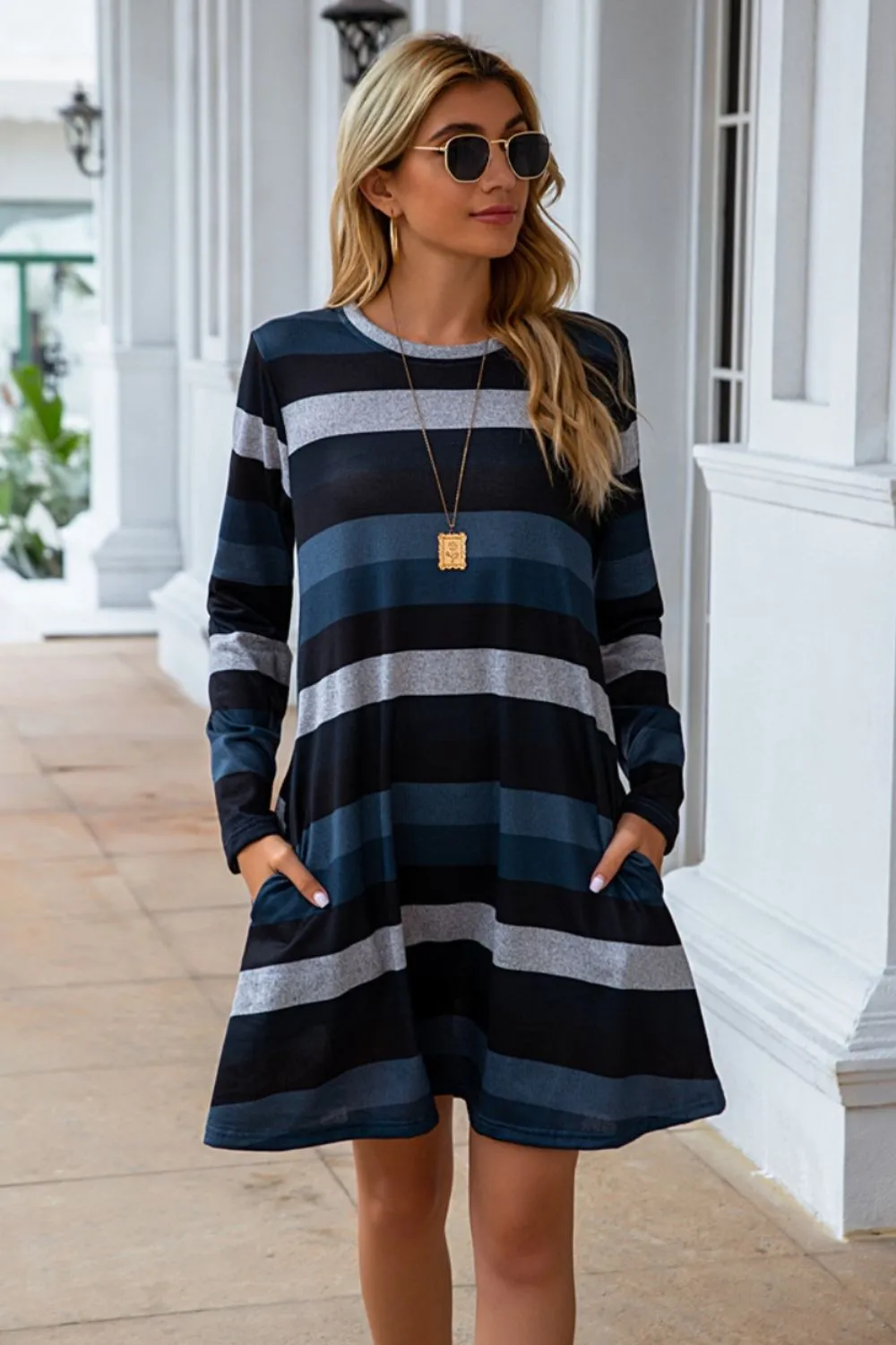 Striped Round Neck Long Sleeve Dress, image 10