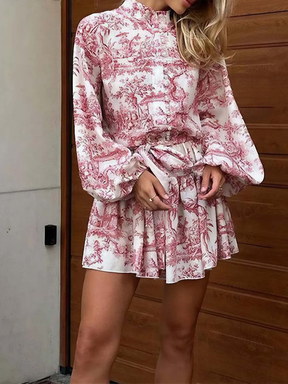Printed Balloon Sleeve Tie Waist Dress, image 6