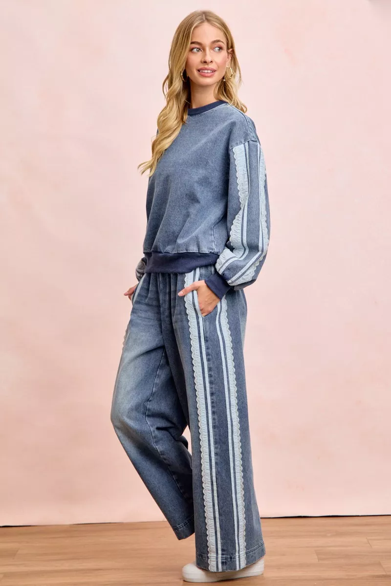 BiBi Washed Denim Lace Contrast Sided Sweatshirt, image 12