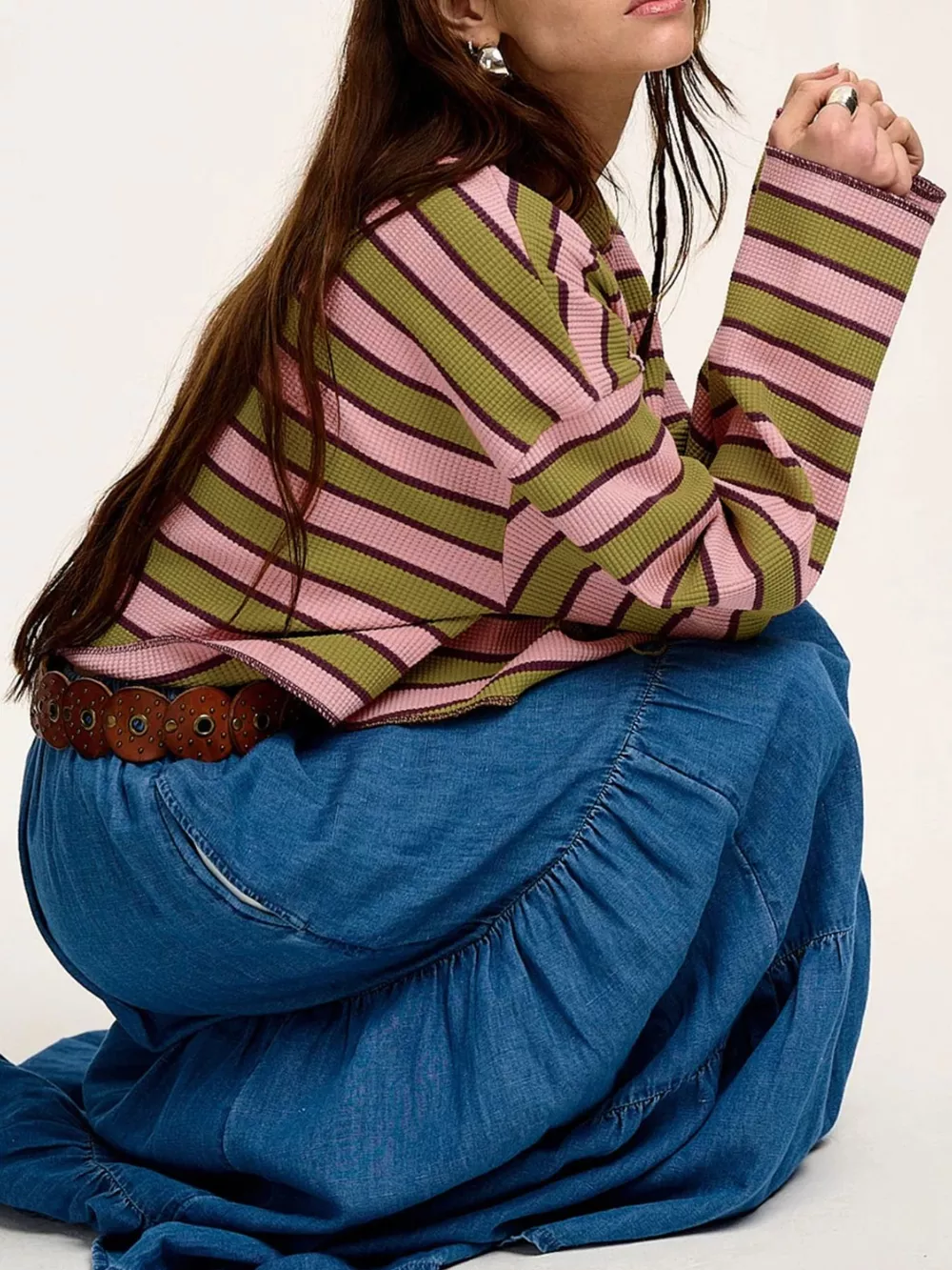 Stripes Waffle Texture Notched Neck Long Sleeve Top, image 4