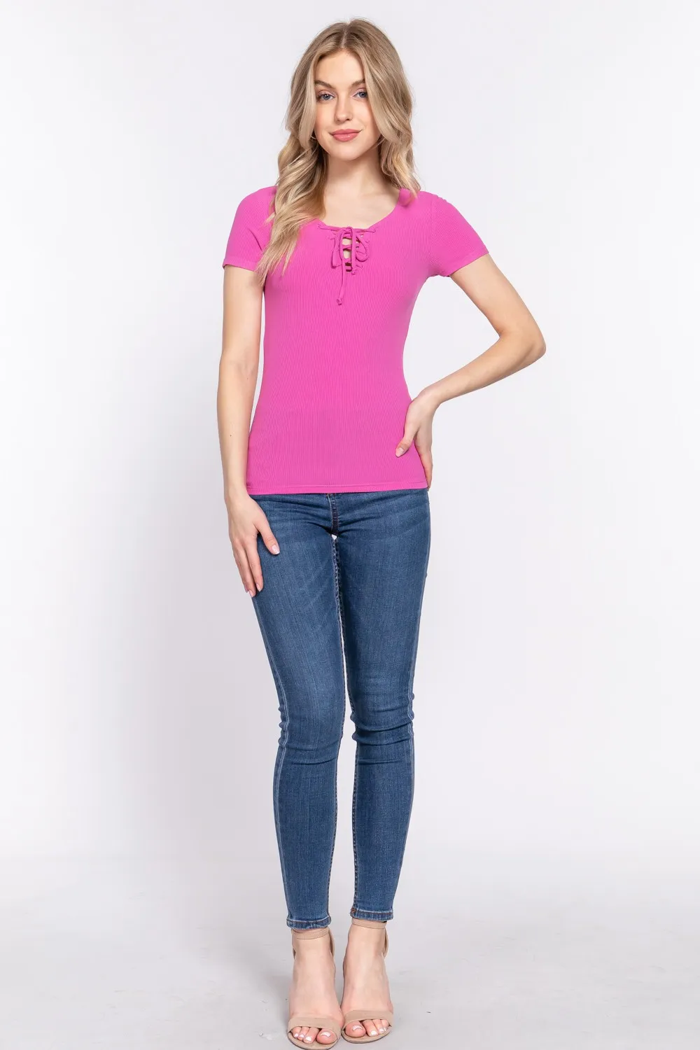 Lace Up Short Sleeve Rib Knit T-Shirt, image 4