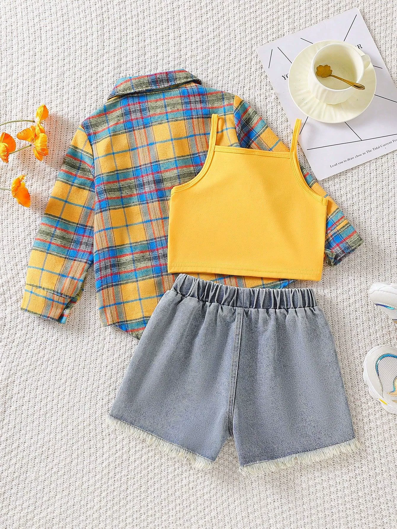 Children's Plaid Shirt & Tank Top & Denim Shorts Set, image 4