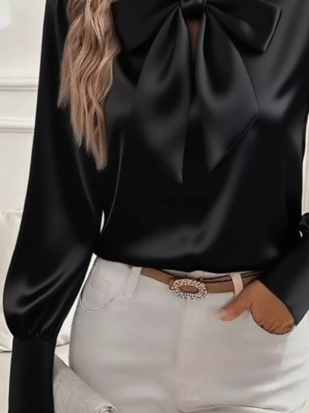 Satin Bow Tie Long Sleeve Top, image 4
