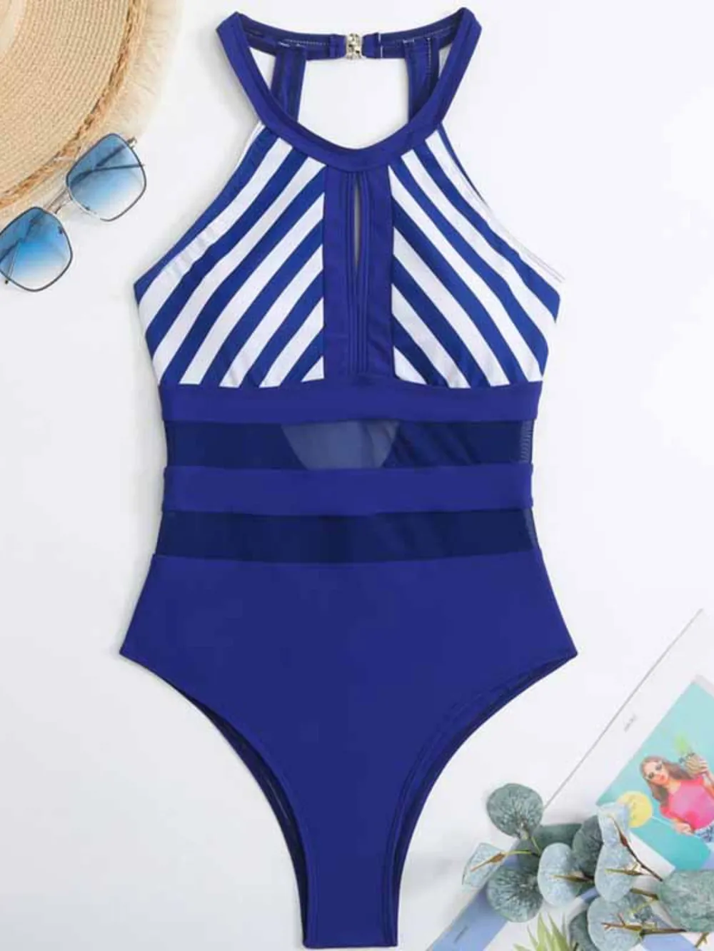 Mesh Detail Backless Striped One-Piece Swimsuit, image 6