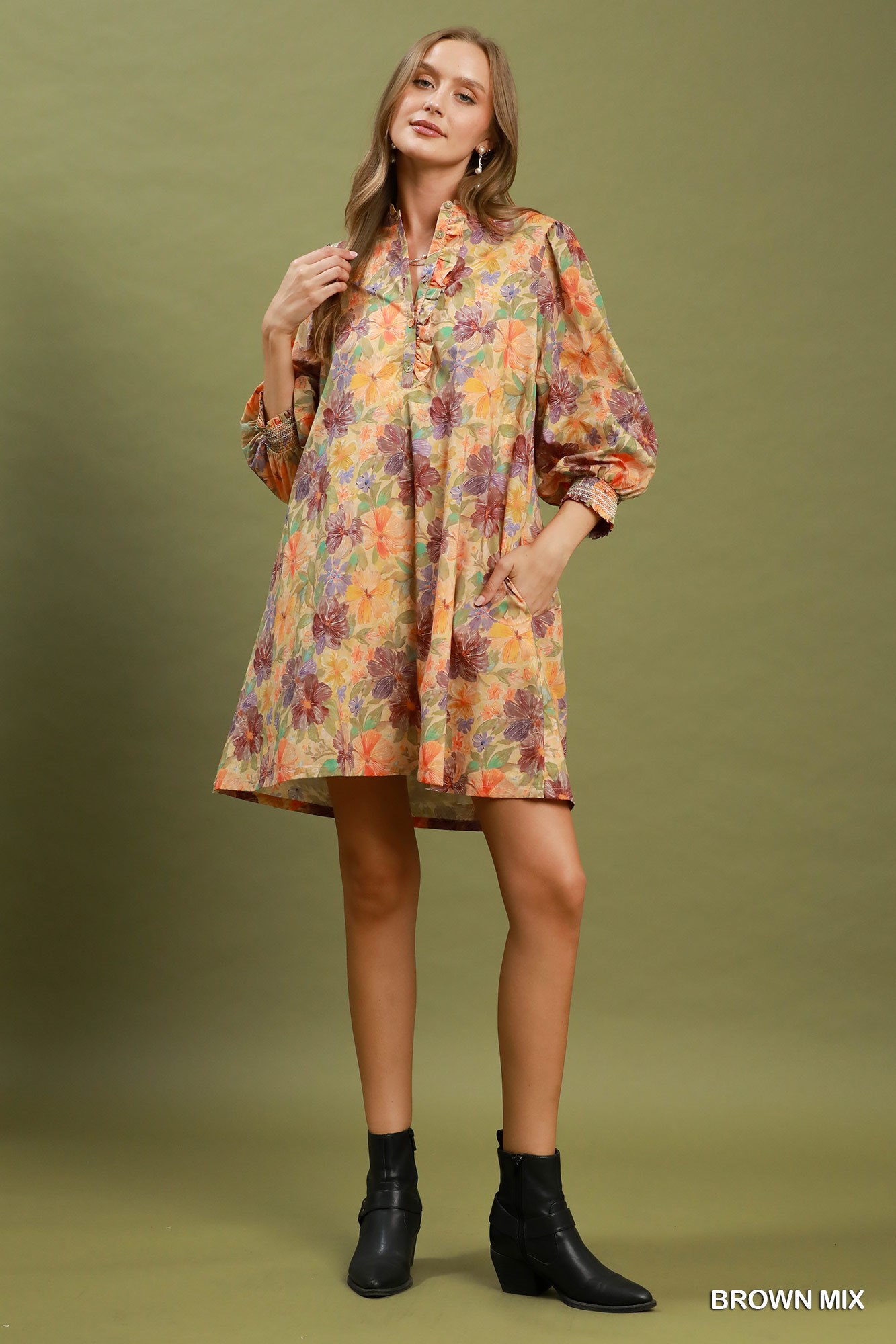 Mix Floral Print Smocked Cuff Mini Dress, image 4