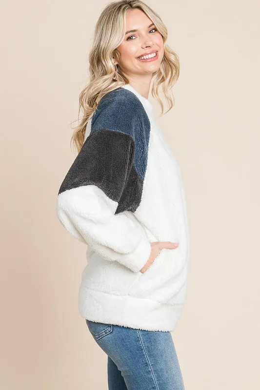 Color Block Faux Fur Raglan Sleeve Sweatshirt, image 3