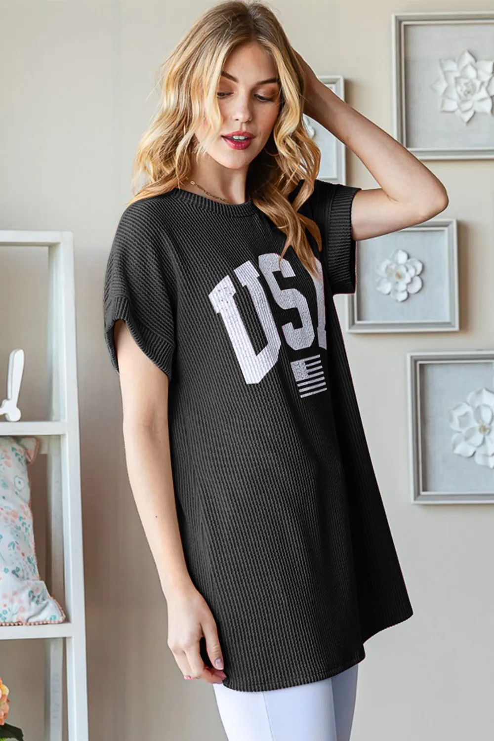 Full Size USA Graphic Short Sleeve Ribbed Top, image 3