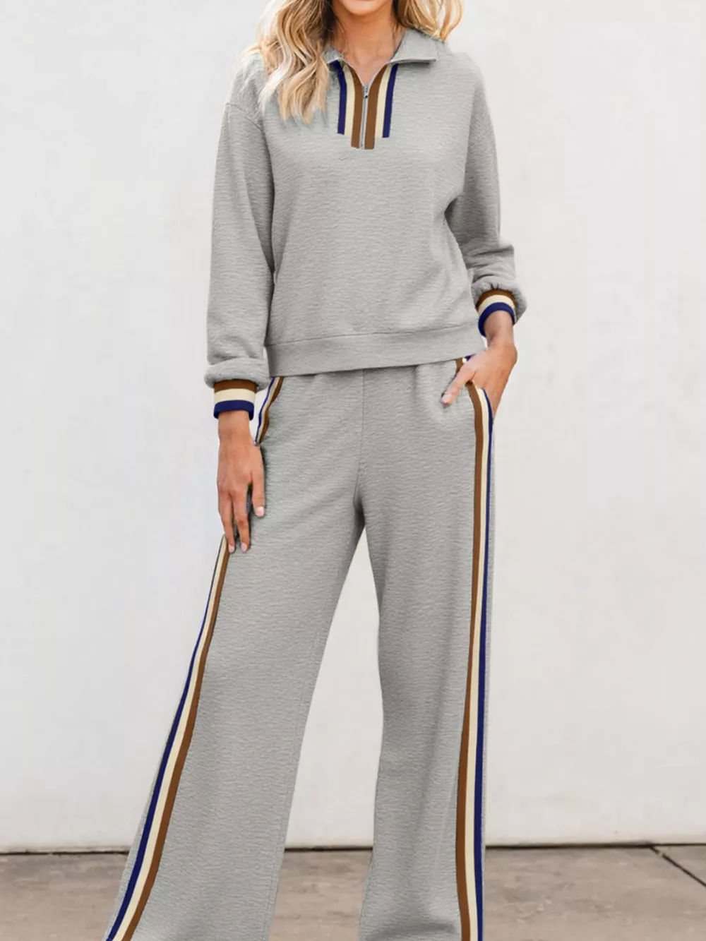 Casual Striped Trim Top and Pants Set, image 2