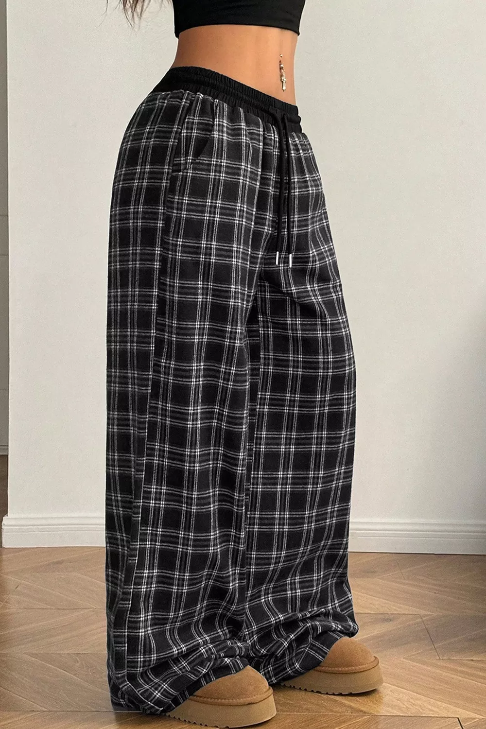Plaid Wide-Leg Drawstring Pants, image 2