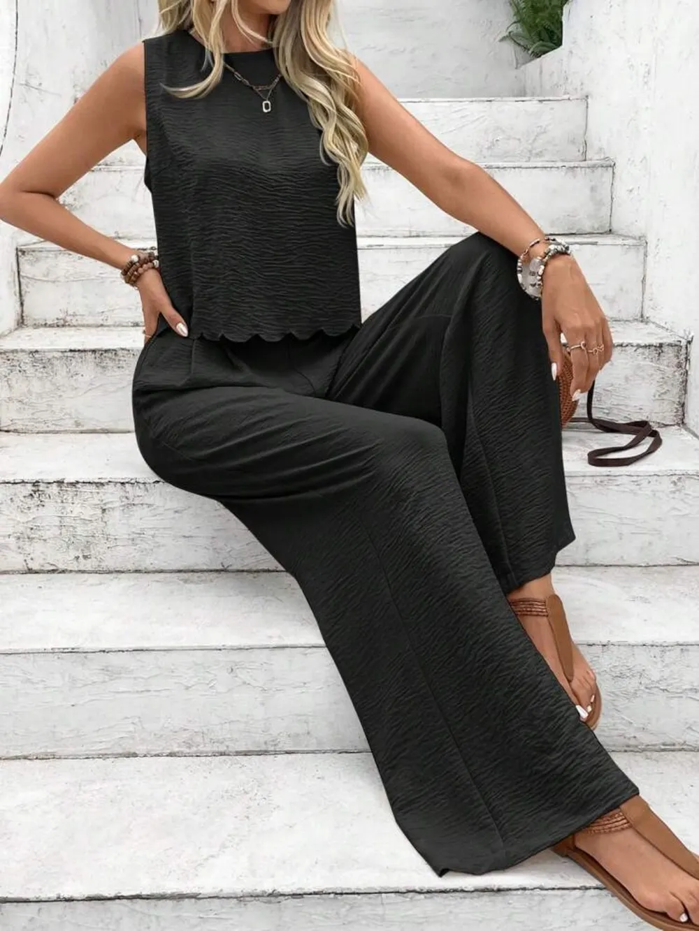 Tie Back Round Neck Top and Pants Set, image 5