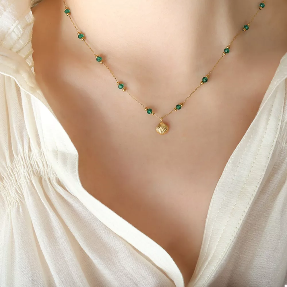 18K Gold-Plated Titanium Steel Crystal Bead Pendant Necklace, image 2
