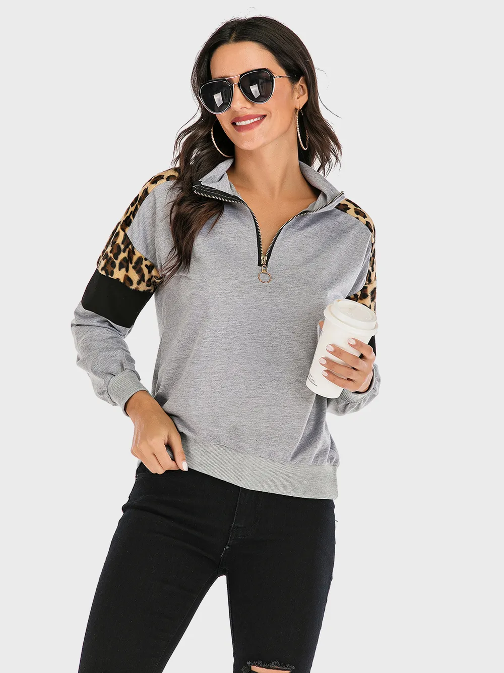 Contrast Leopard Half Zip Long Sleeve Sweatshirt, image 3