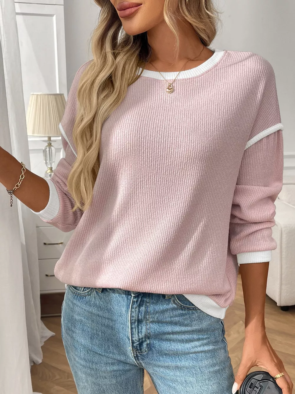 Ribbed Knit Contrast Trim Sweater, image 18