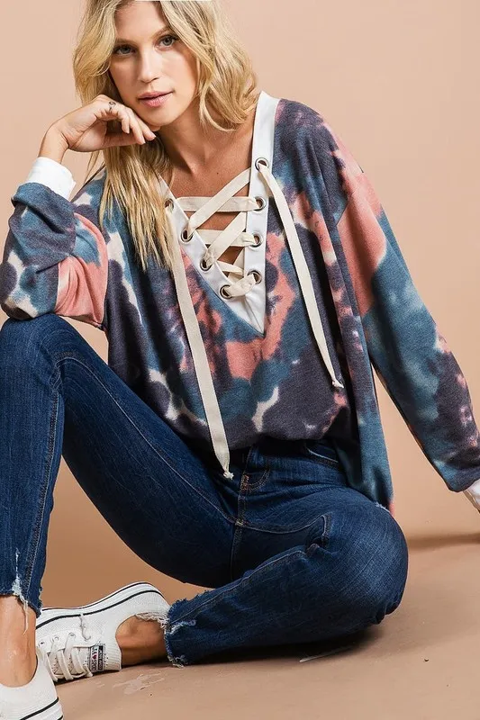 Tie Dye Deep V-Neck Top with Lace Up Front, image 6