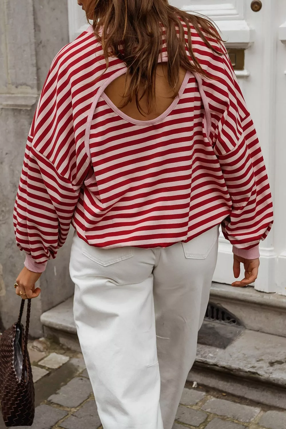 Cutout Back Striped Round Neck Sweatshirt, image 6