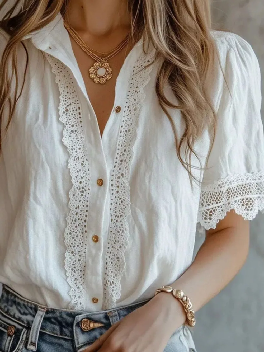Lace-Trimmed Short Sleeve Button-Down Shirt, image 3