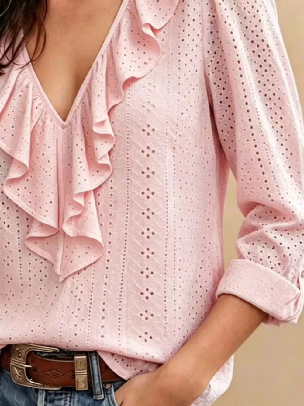 Eyelet Ruffle V-Neck Blouse, image 4