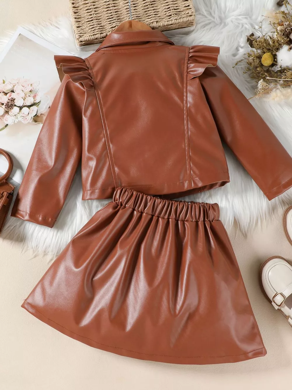 Children's Ruffled Faux Leather Top and Skirt Set, image 8