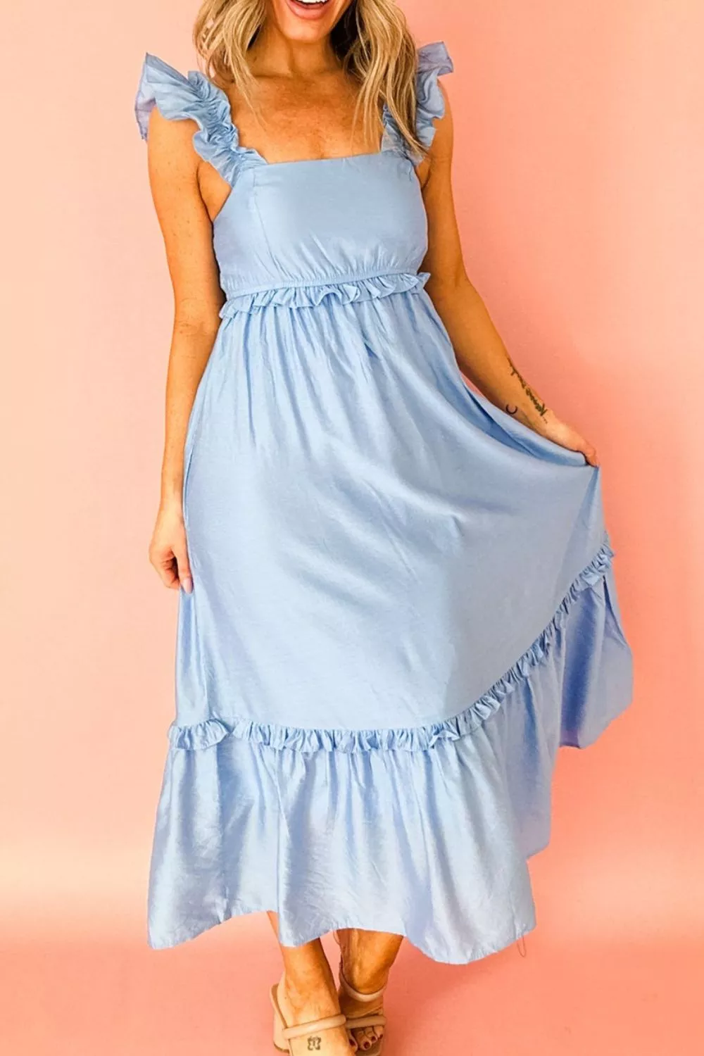 Solid Color Ruffle Trim High Waist Sleeveless Dress, image 7