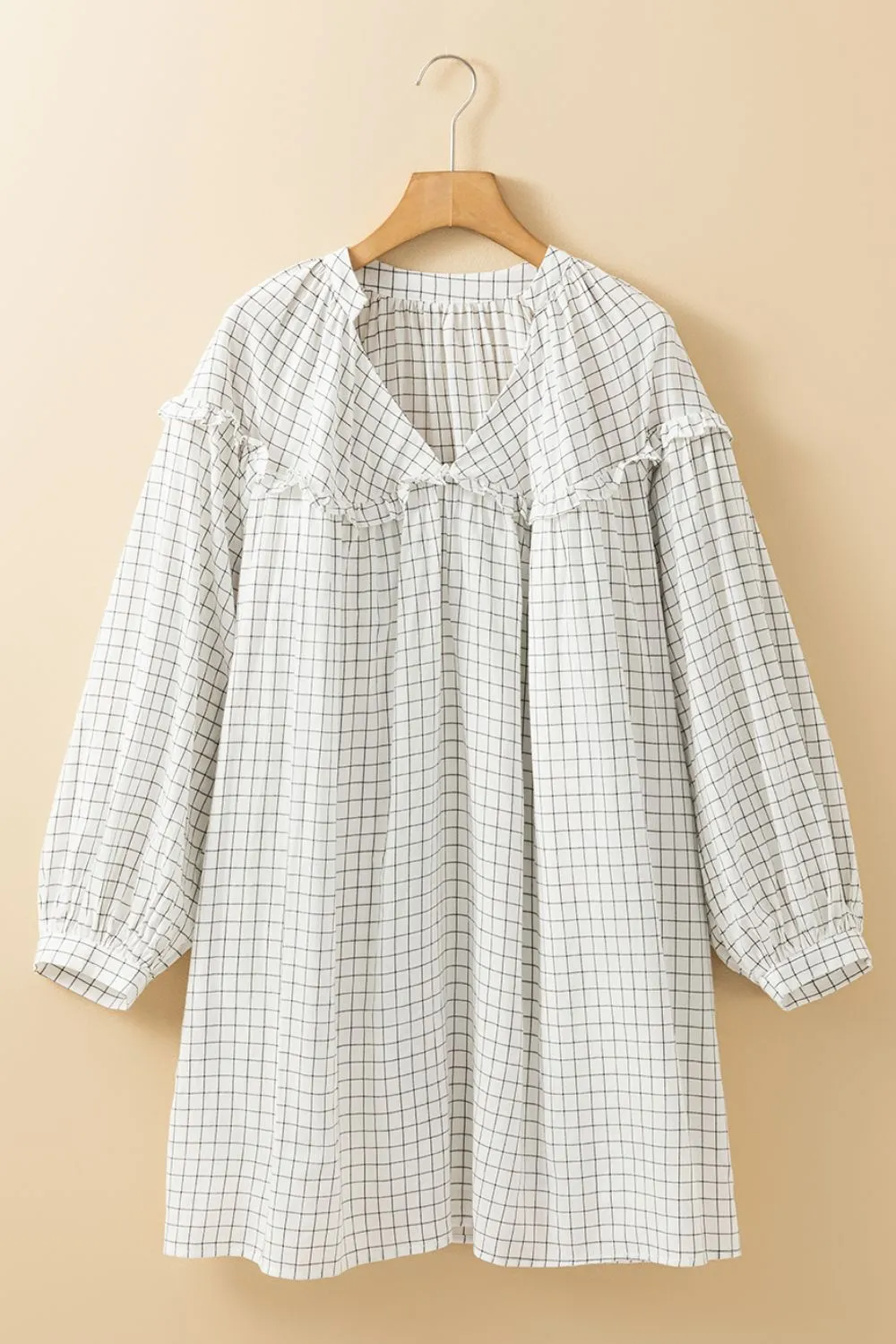 Frill Plaid Notched Balloon Sleeve Mini Dress, image 5