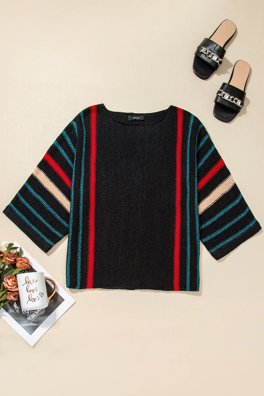Striped Boat Neck Three-Quarter Sleeve Knit Top, image 10