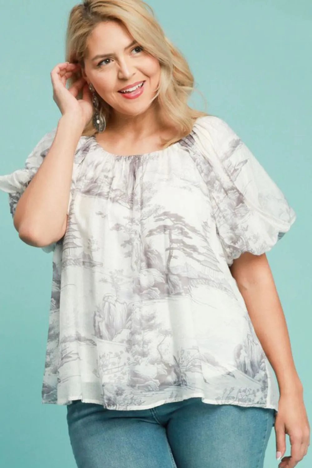Full Size Two Tone Toile Print Top Plus Size, image 2