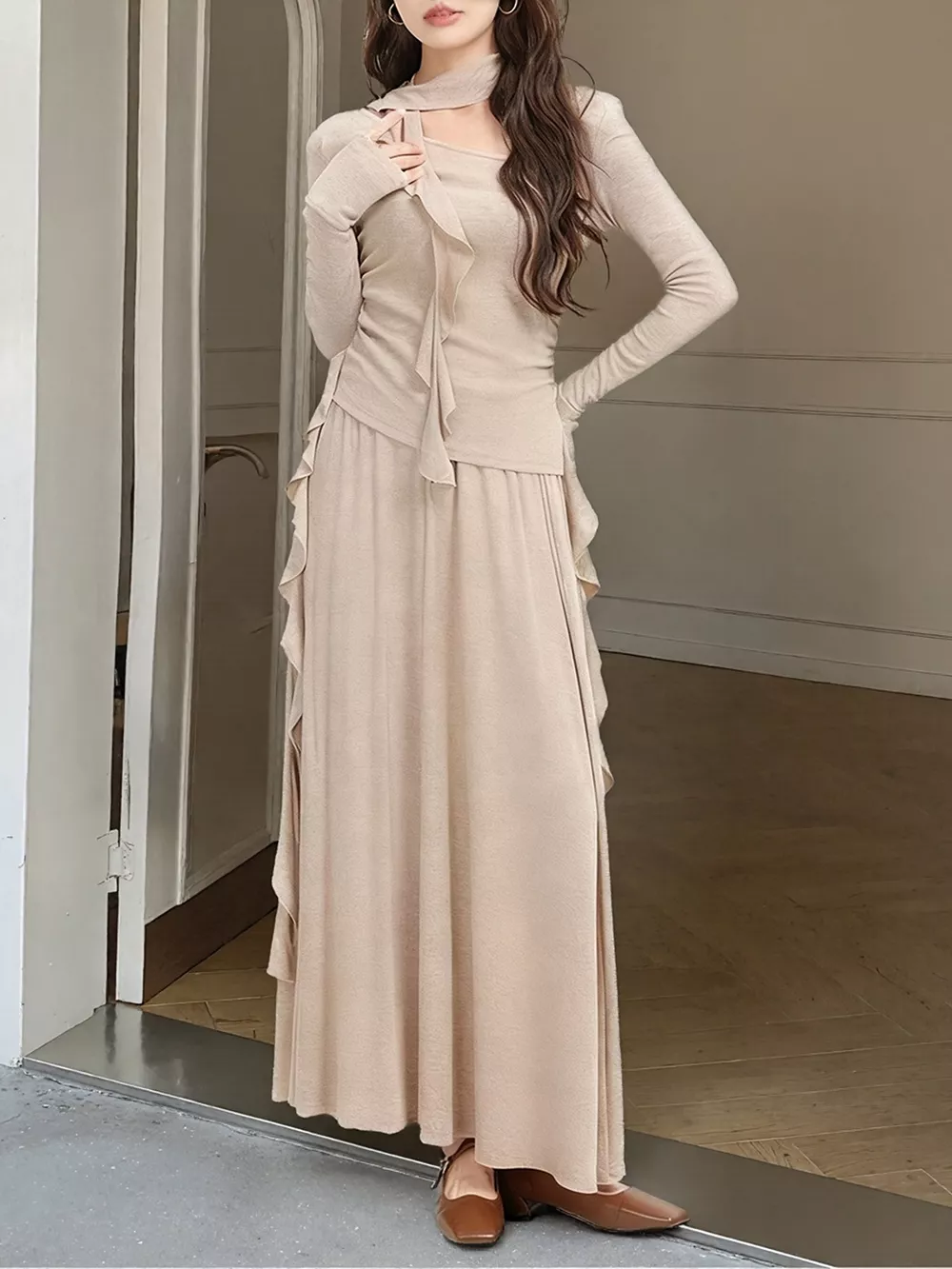 Ruffled Long Sleeve Knit Top and Maxi Skirt Set, image 4
