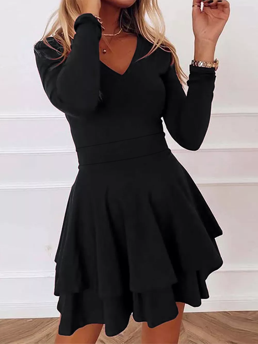 V-Neck Long Sleeve Layered Ruffle Mini Dress, image 4