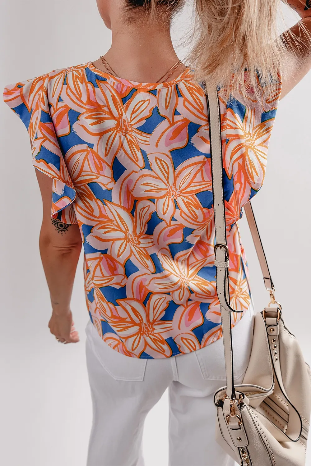 Flower Print Notched Neck Ruffle Sleeve Blouse, image 5