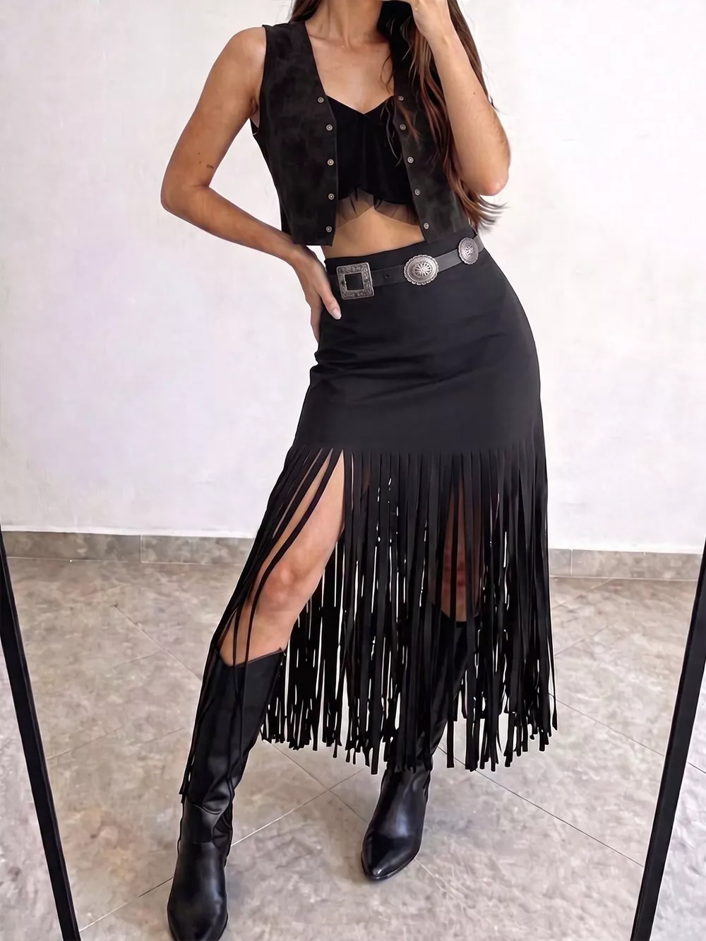 High-Waisted Fringe Midi Skirt, image 3