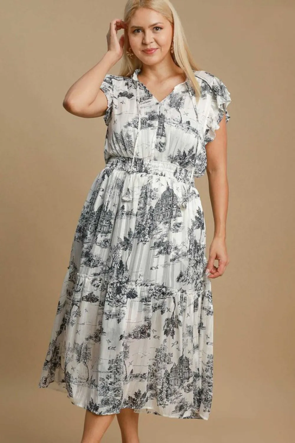 Full Size Two Tone Landscape Print Midi Dress Plus Size, image 2