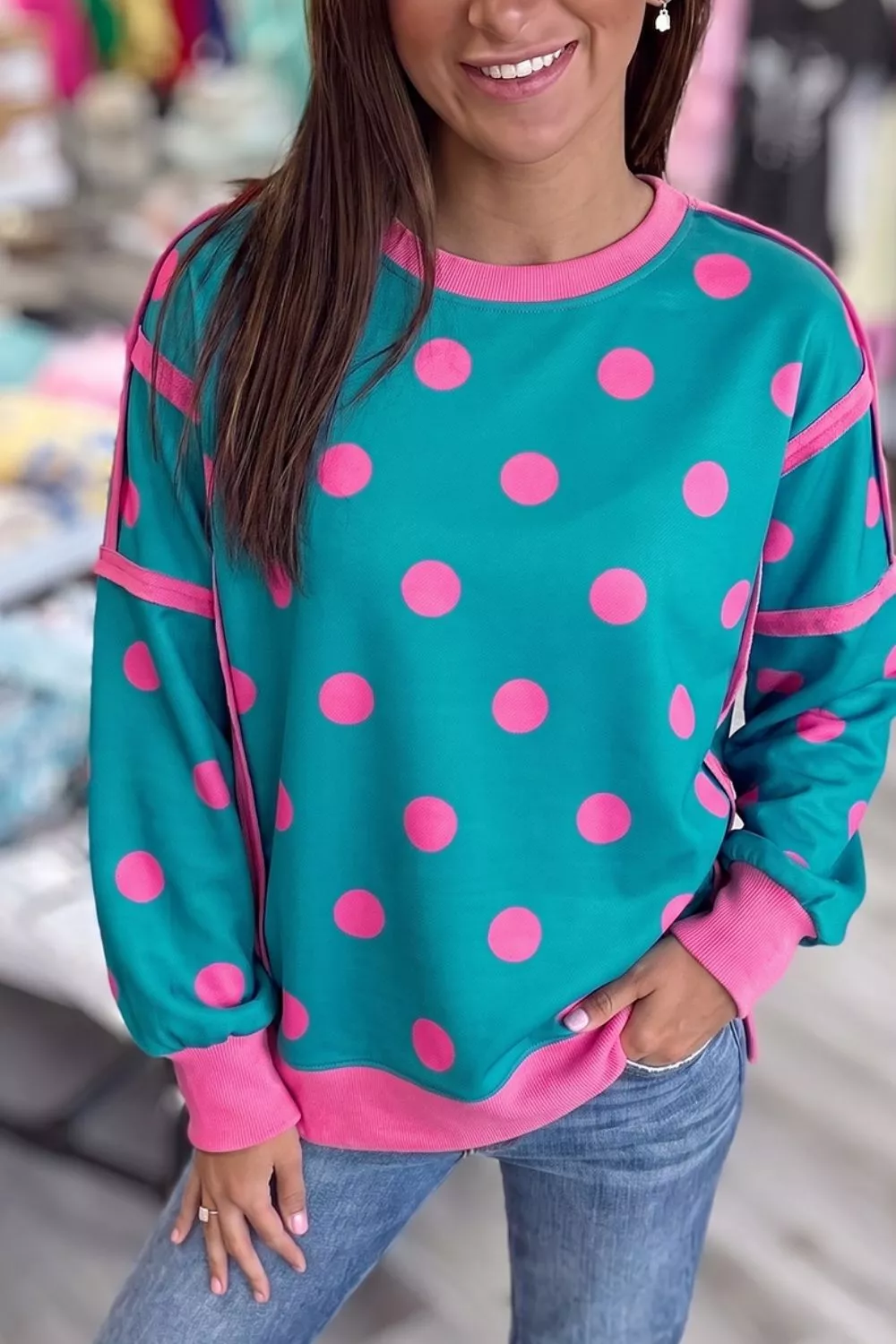 Polka Dot Contrast Patchwork Round Neck Baggy Sweatshirt, image 4