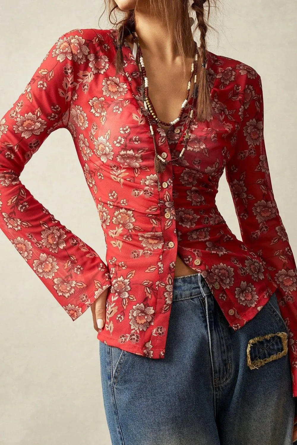 Floral Button-Front Shirt with Bell Sleeves, image 6