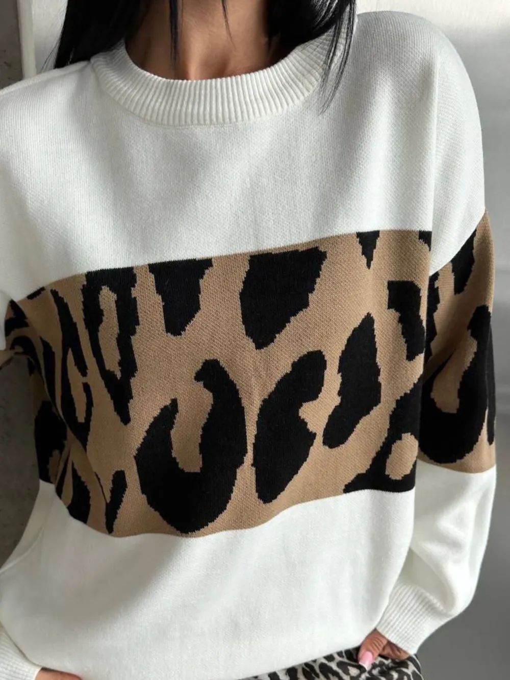 Leopard Color Block Round Neck Sweater, image 4
