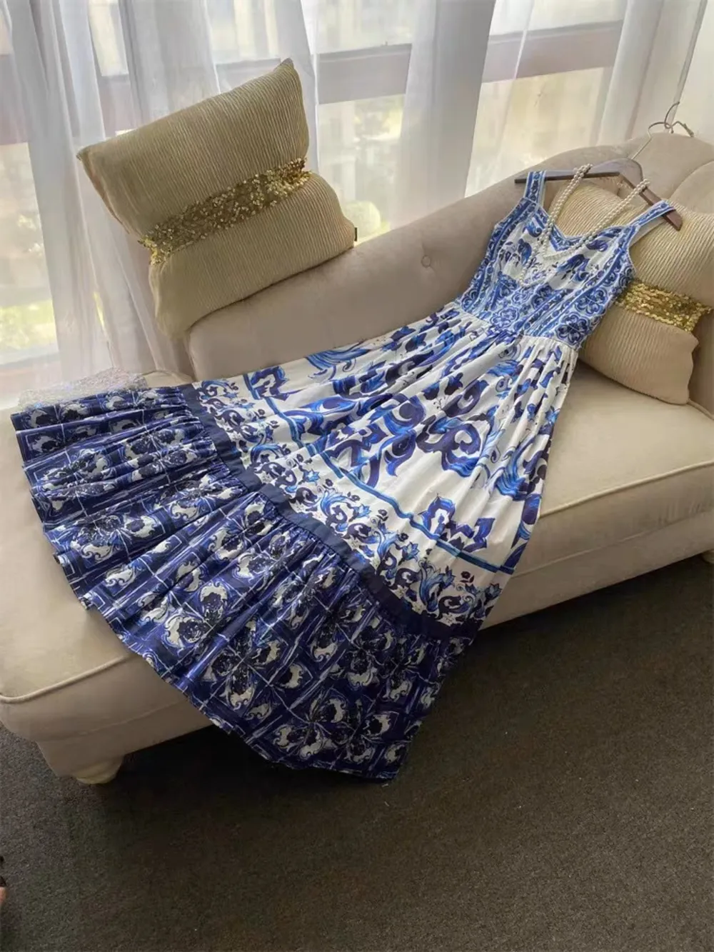Smocked Printed Wide Strap Dress, image 9