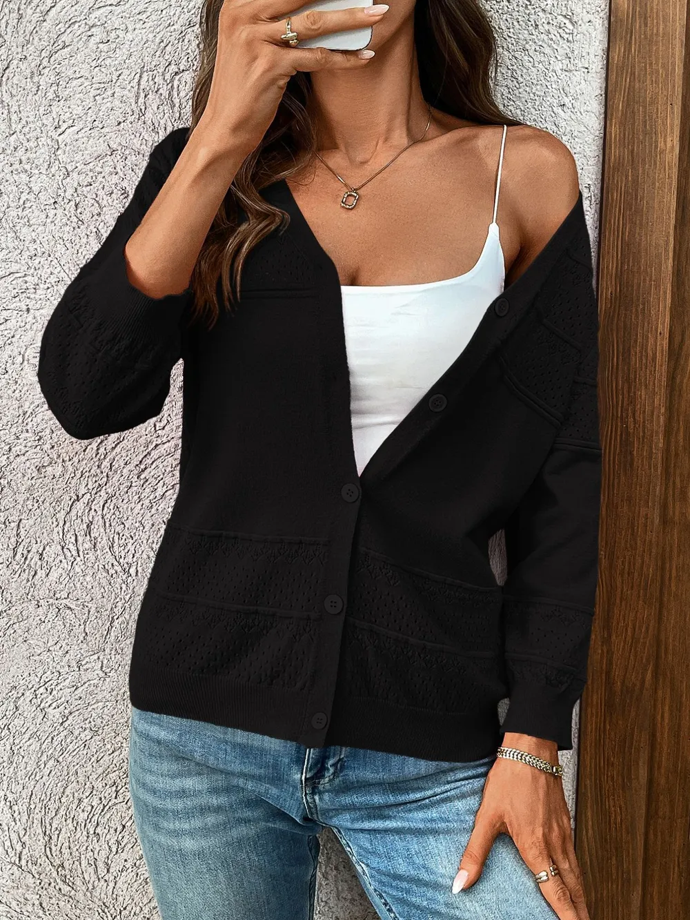 Textured Button-Front Cardigan with 3/4 Sleeves, image 6