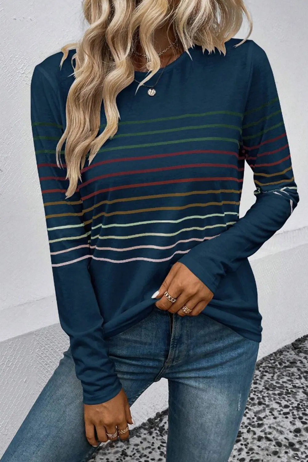Striped Round Neck Long Sleeve T-Shirt, image 11