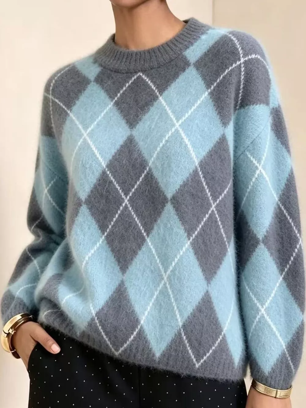 Argyle Pattern Fuzzy Knit Sweater, image 14