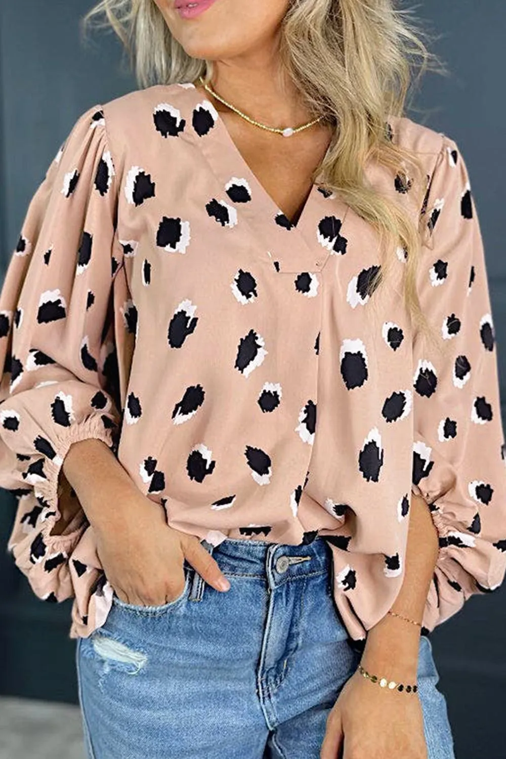 Contrast Animal Print V-Neck Long Sleeve Blouse, image 6