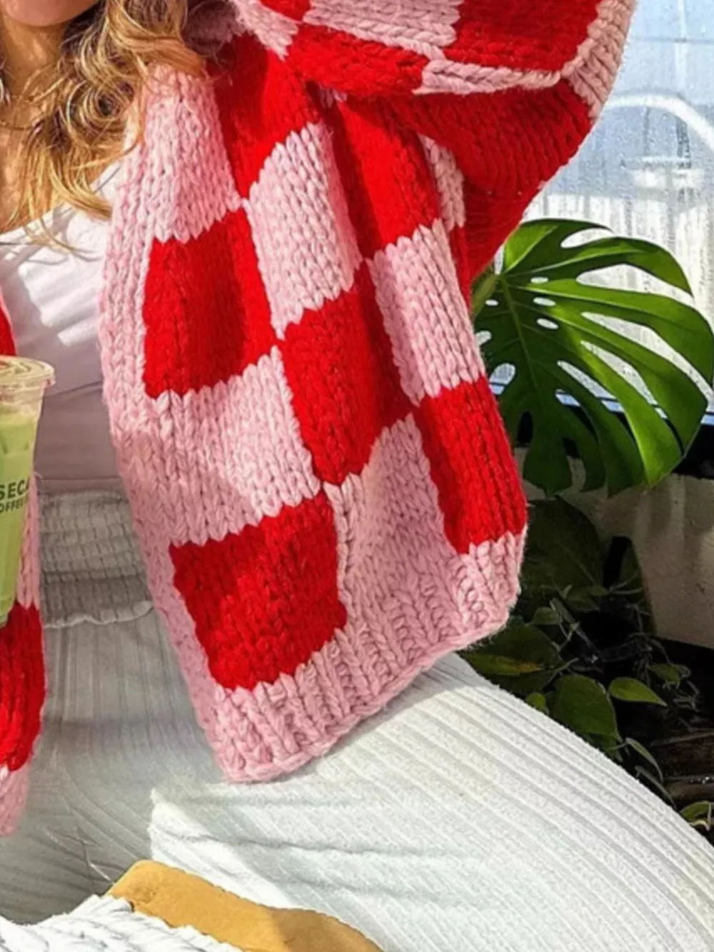 Checkered Open Front Long Sleeve Cardigan, image 4