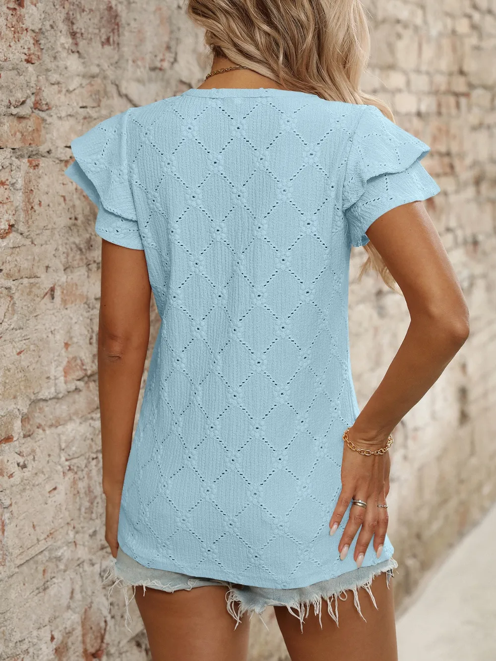 Eyelet V-Neck Ruffled Cap Sleeve Top, image 6