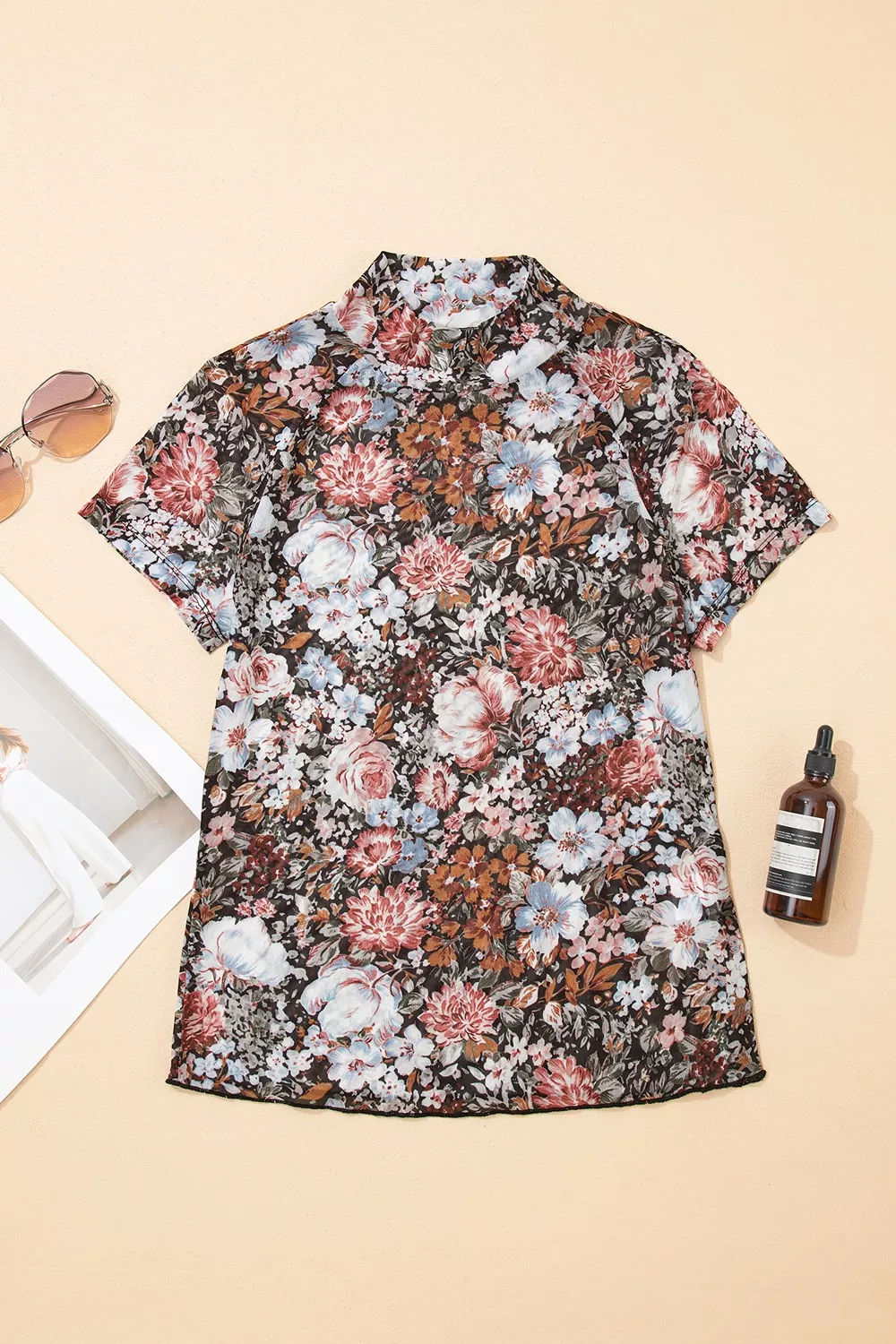 Floral Print Mock Neck Sheer Mesh Top, image 6