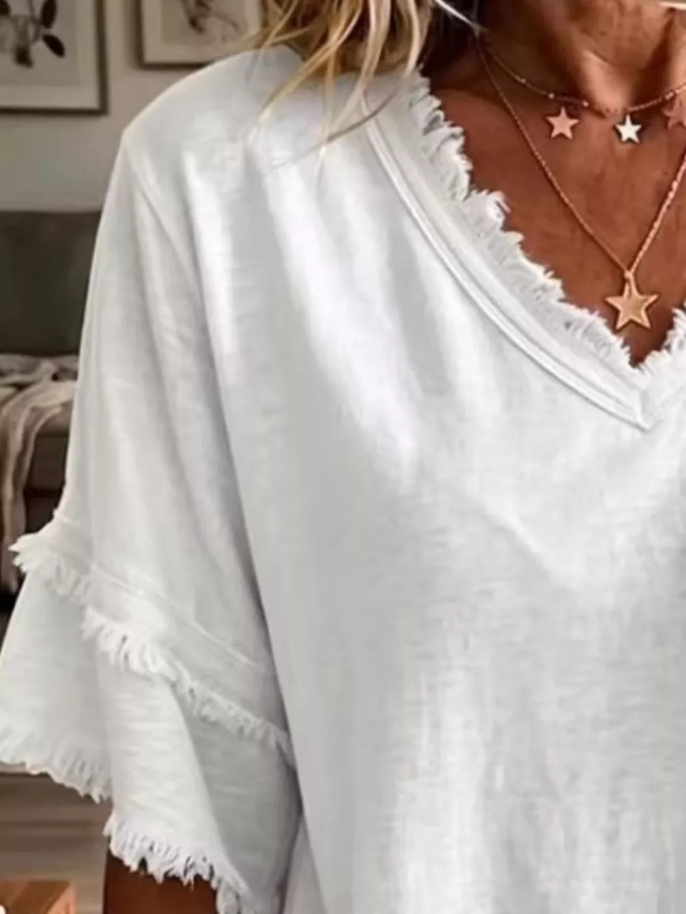 Full Size Frayed Edge V-Neck Blouse Plus Size, image 3